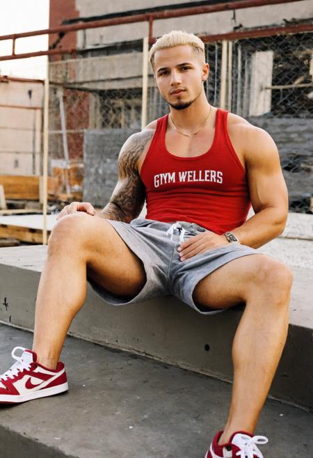 00037-2640875593-photo of jordan_torres, relaxed confident expression, sitting, wearing a fitted red tank top and gym shorts, blurred gritty urba.png